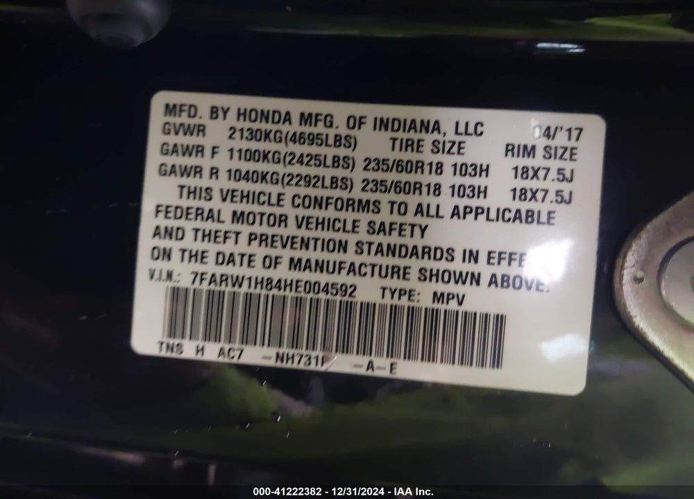 2017 HONDA CR-V EX-L/EX-L NAVI VIN: 7FARW1H84HE004592