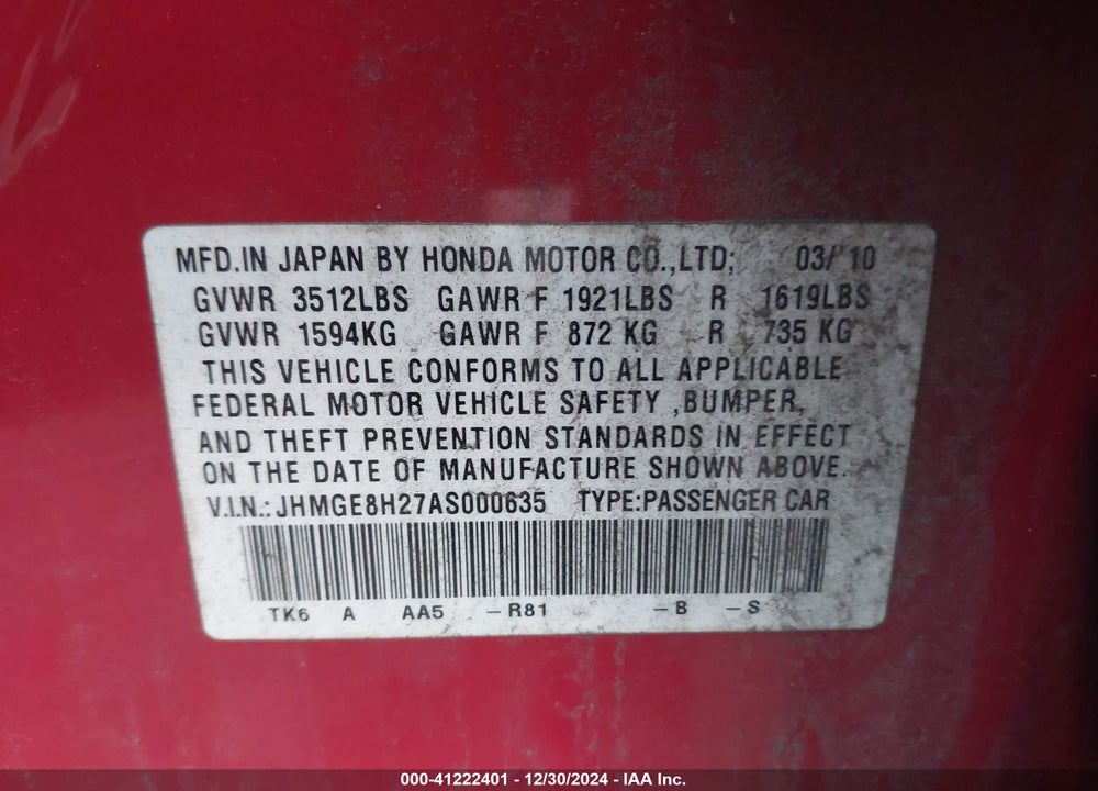 2010 HONDA FIT VIN: JHMGE8H27AS000635