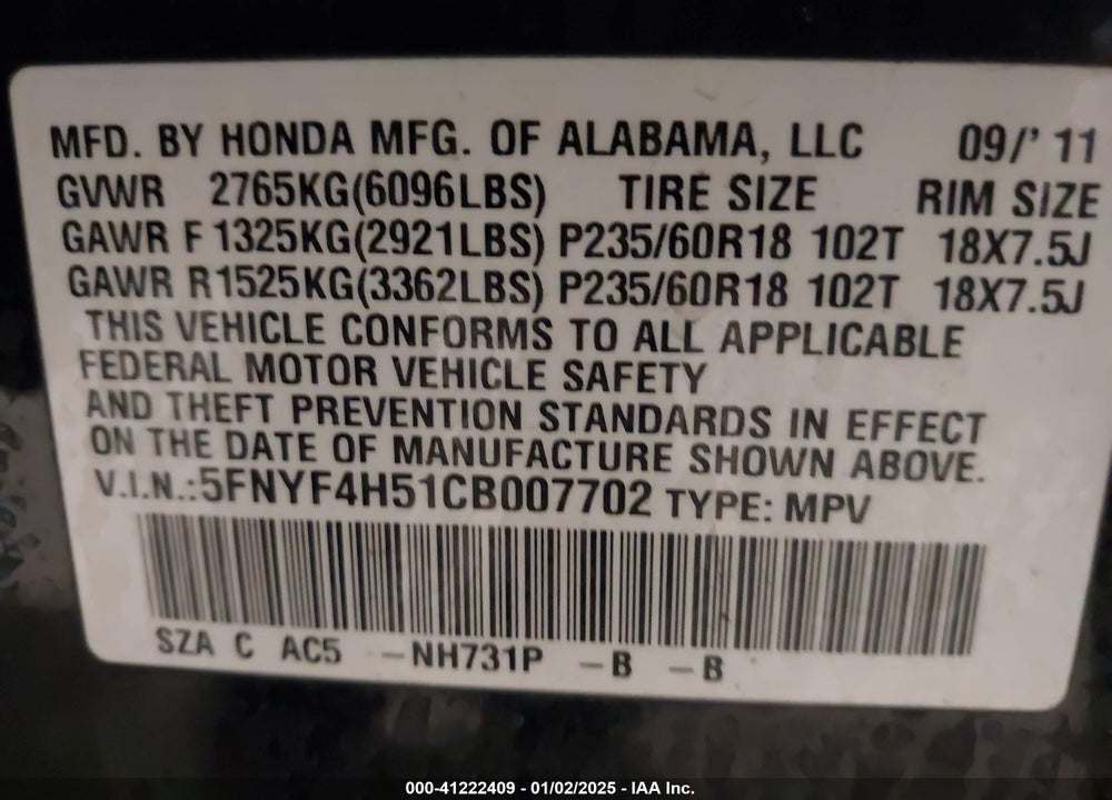 2012 HONDA PILOT EX-L VIN: 5FNYF4H51CB007702