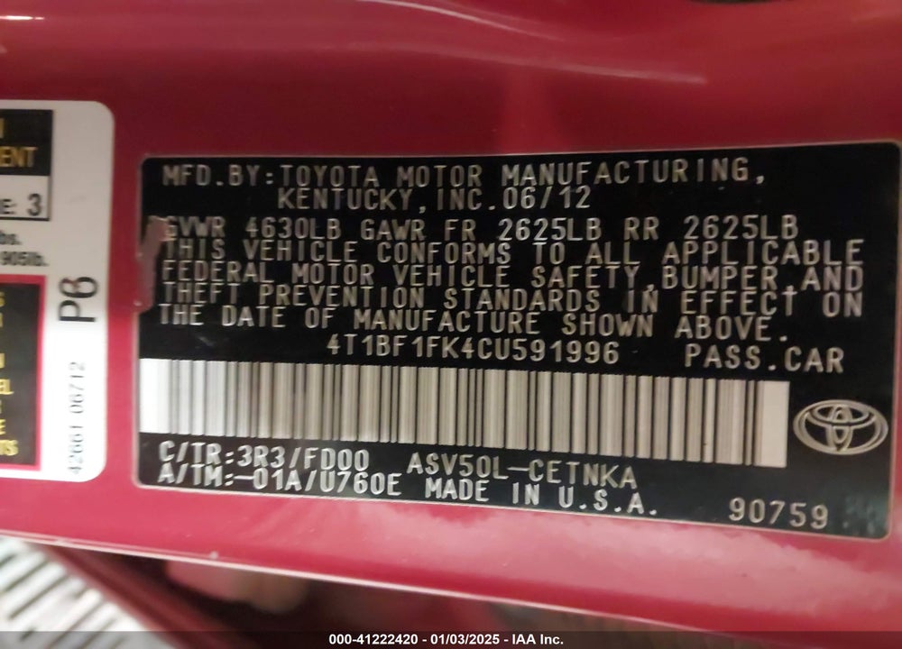2012 TOYOTA CAMRY VIN: 4T1BF1FK4CU591996