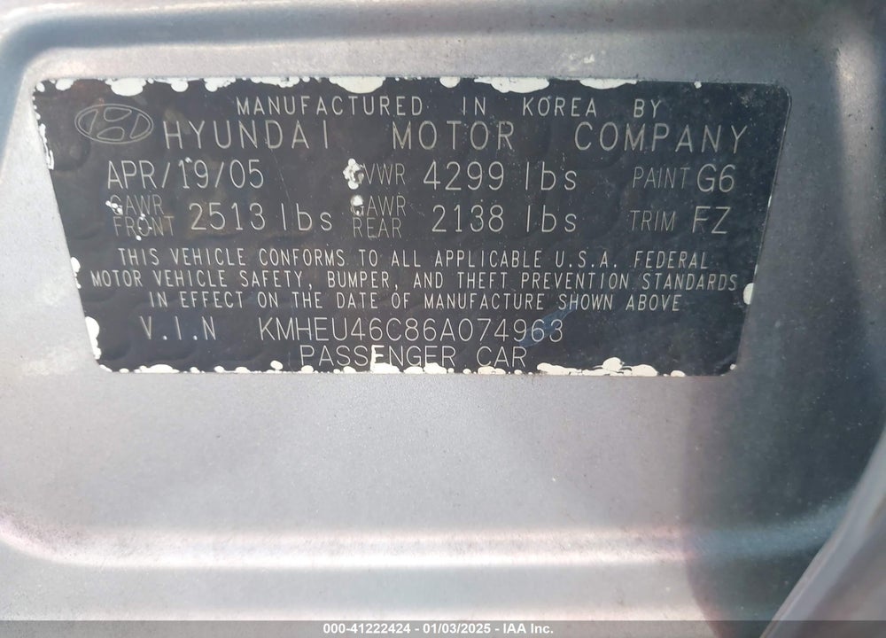 2006 HYUNDAI SONATA VIN: KMHEU46C86A074963