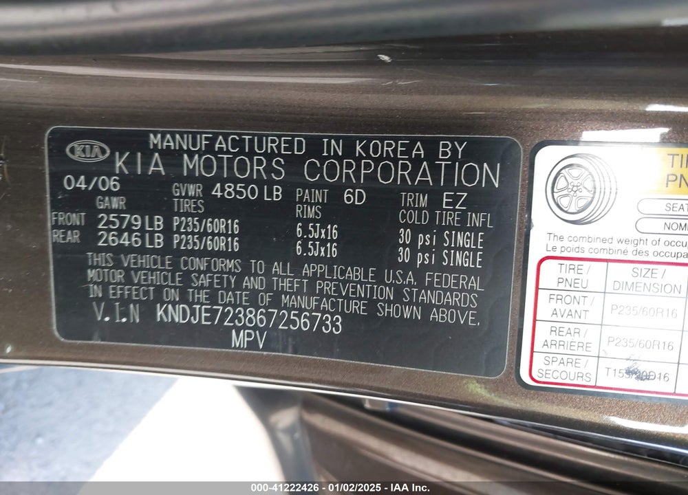 2006 KIA SPORTAGE EX V6/LX V6 VIN: KNDJE723867256733