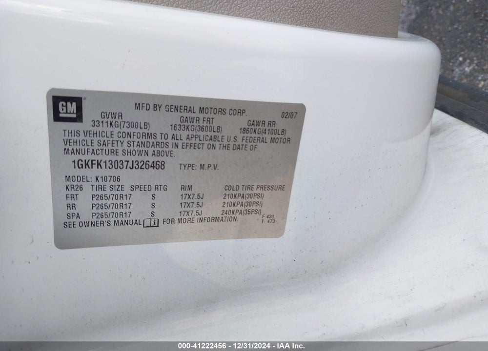2007 GMC YUKON SLT VIN: 1GKFK13037J326468