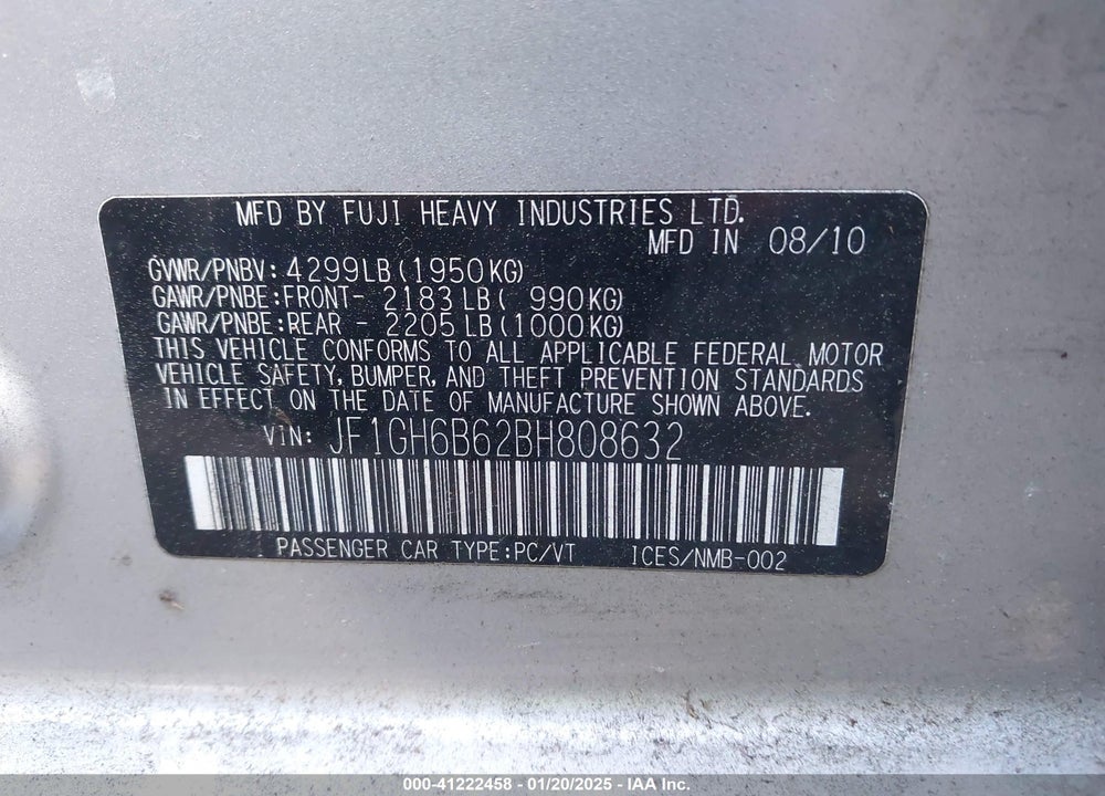 2011 SUBARU IMPREZA 2.5I PREMIUM VIN: JF1GH6B62BH808632