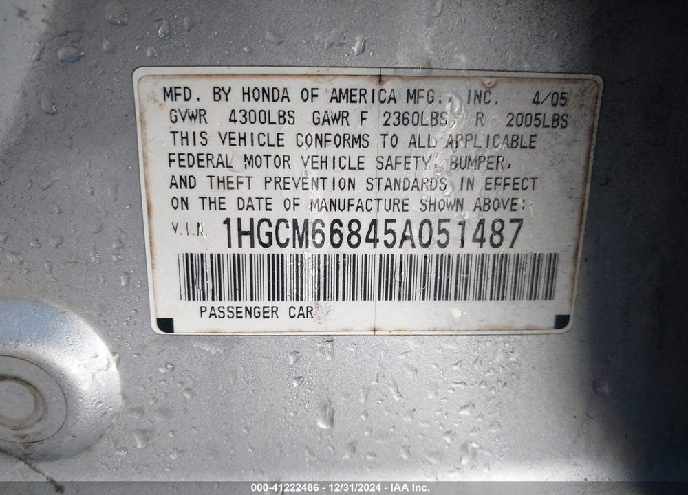 2005 HONDA ACCORD 3.0 EX VIN: 1HGCM66845A051487