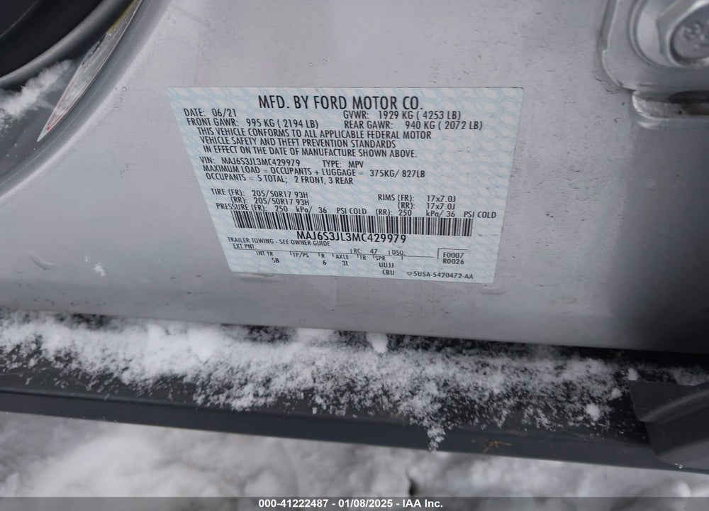 2021 FORD ECOSPORT SES VIN: MAJ6S3JL3MC429979