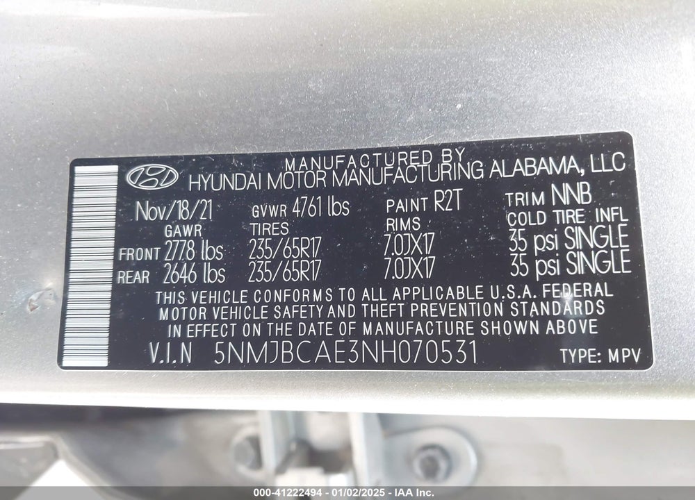 2022 HYUNDAI TUCSON VIN: 5NMJBCAE3NH070531