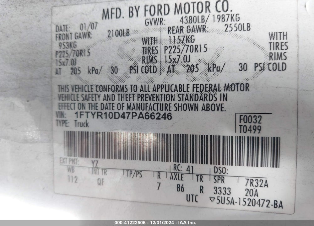 2007 FORD RANGER STX/XL/XLT VIN: 1FTYR10D47PA66246