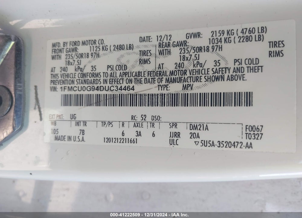 2013 FORD ESCAPE SE VIN: 1FMCU0G94DUC34464