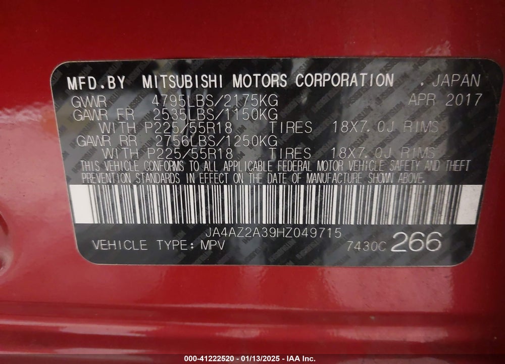 2017 MITSUBISHI OUTLANDER ES VIN: JA4AZ2A39HZ049715