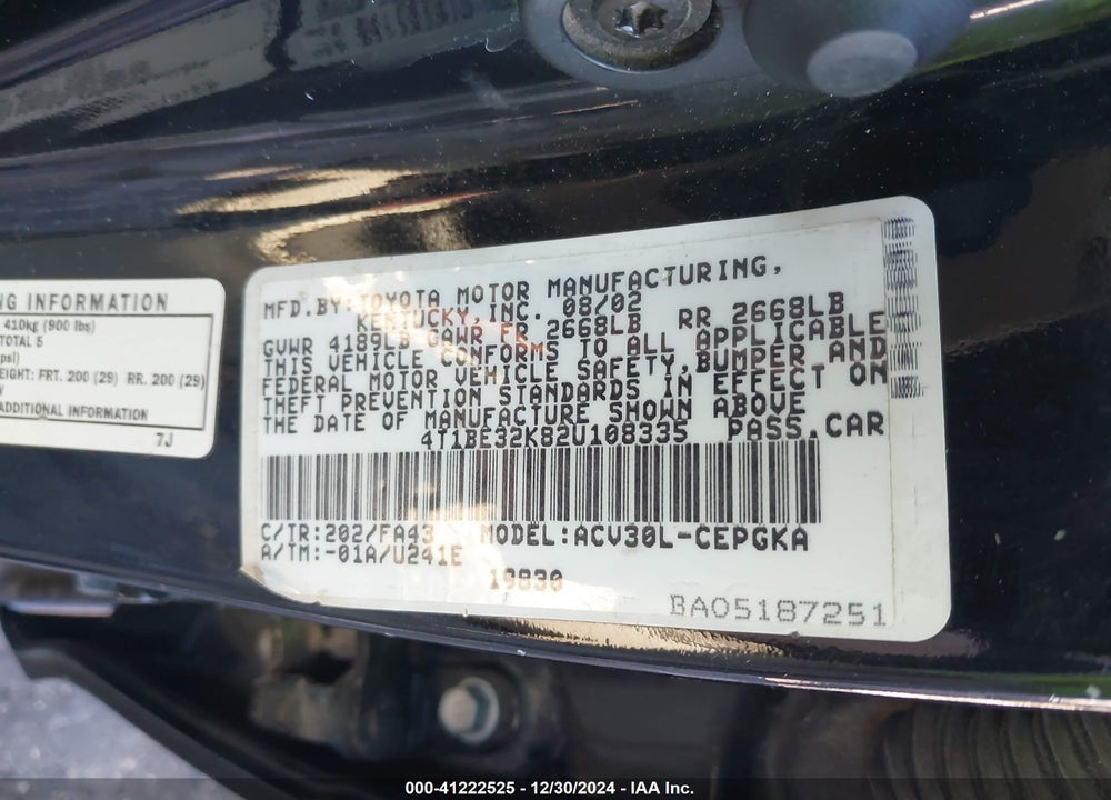 2002 TOYOTA CAMRY XLE VIN: 4T1BE32K82U108335