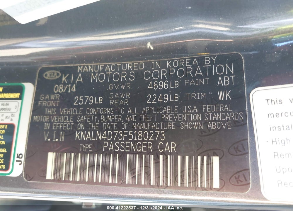 2015 KIA CADENZA VIN: KNALN4D73F5180273