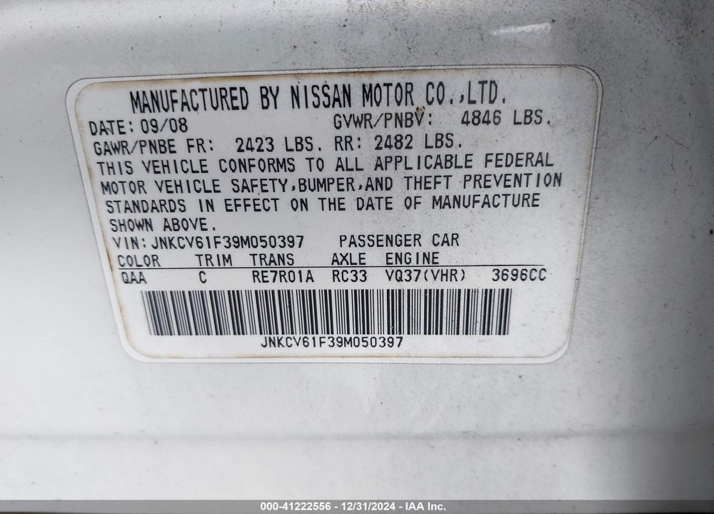 2009 INFINITI G37X VIN: JNKCV61F39M050397