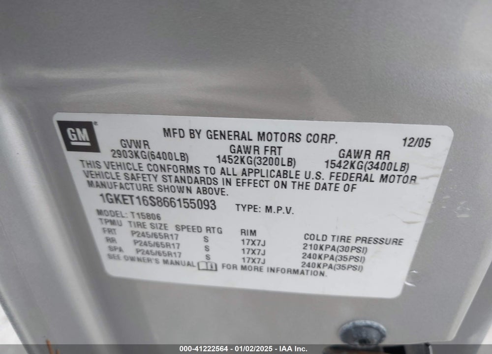 2006 GMC ENVOY XL SLE VIN: 1GKET16S866155093
