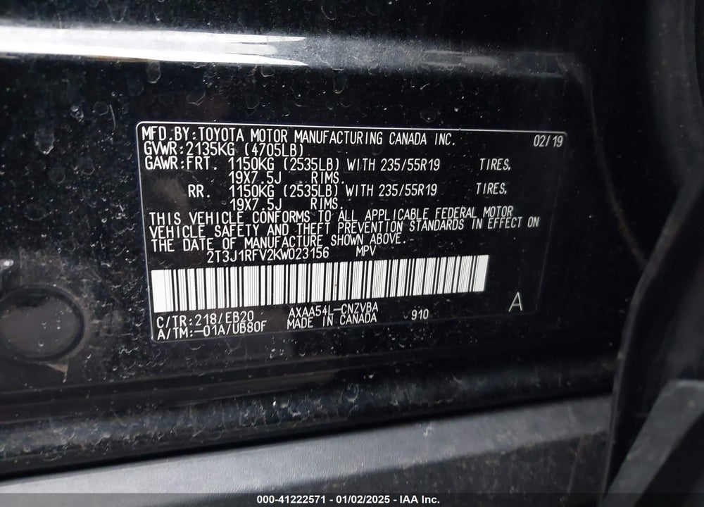 2019 TOYOTA RAV4 ADVENTURE VIN: 2T3J1RFV2KW023156
