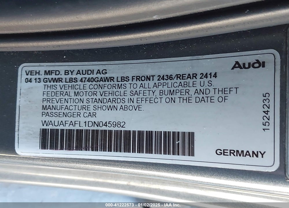 2013 AUDI A4 VIN: WAUAFAFL1DN045982