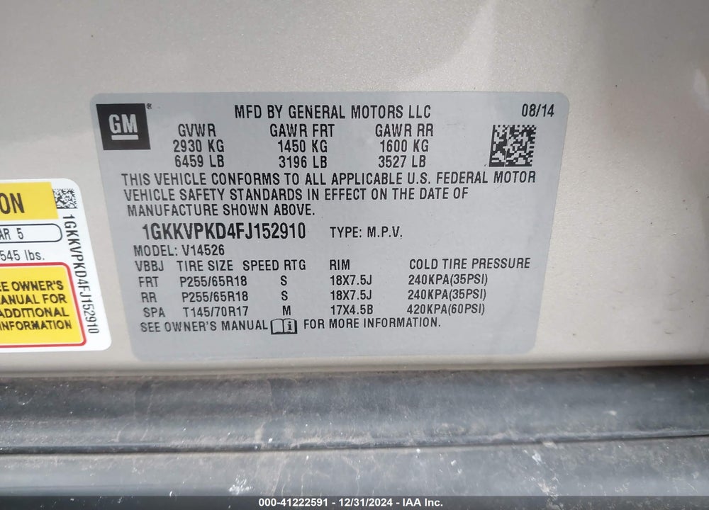 2015 GMC ACADIA SLE-2 VIN: 1GKKVPKD4FJ152910