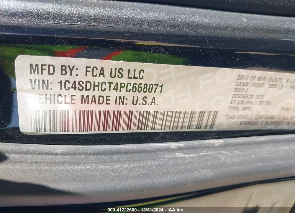 2023 DODGE DURANGO VIN: 1C4SDHCT4PC668071