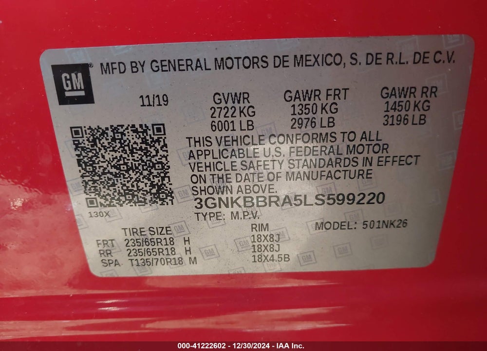 2020 CHEVROLET BLAZER FWD 1LT VIN: 3GNKBBRA5LS599220