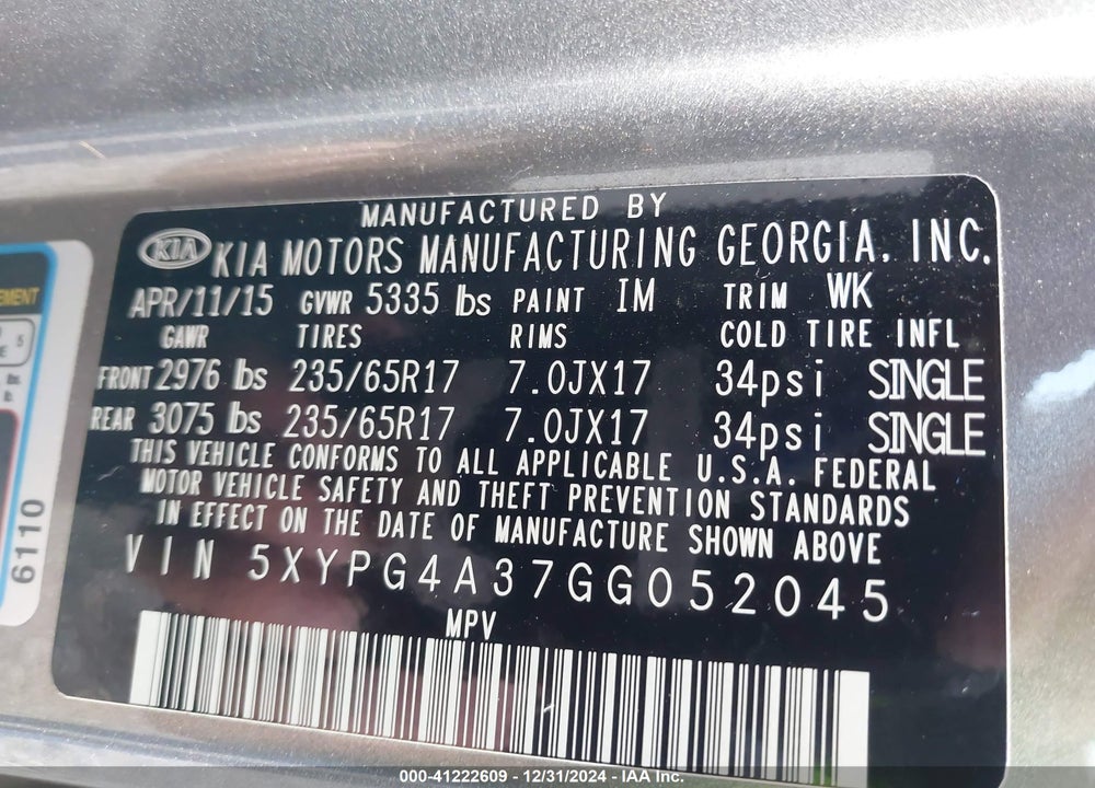 2016 KIA SORENTO 2.4L LX VIN: 5XYPG4A37GG052045