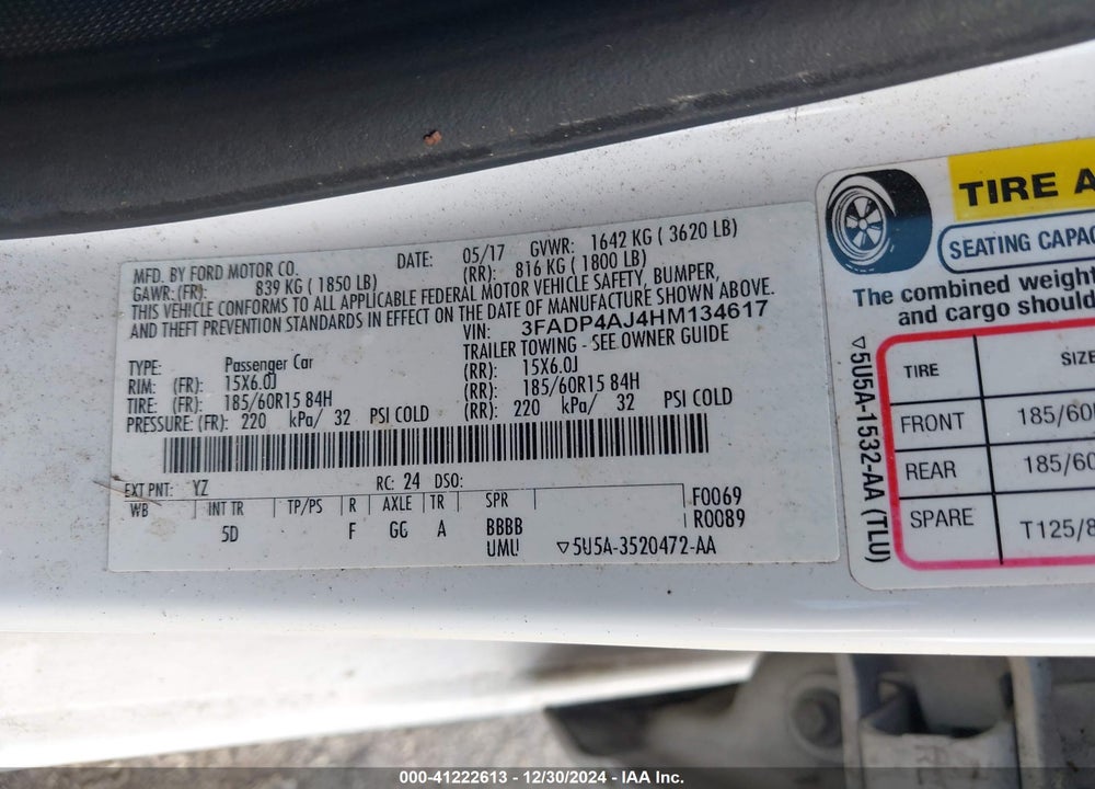 2017 FORD FIESTA VIN: 3FADP4AJ4HM134617
