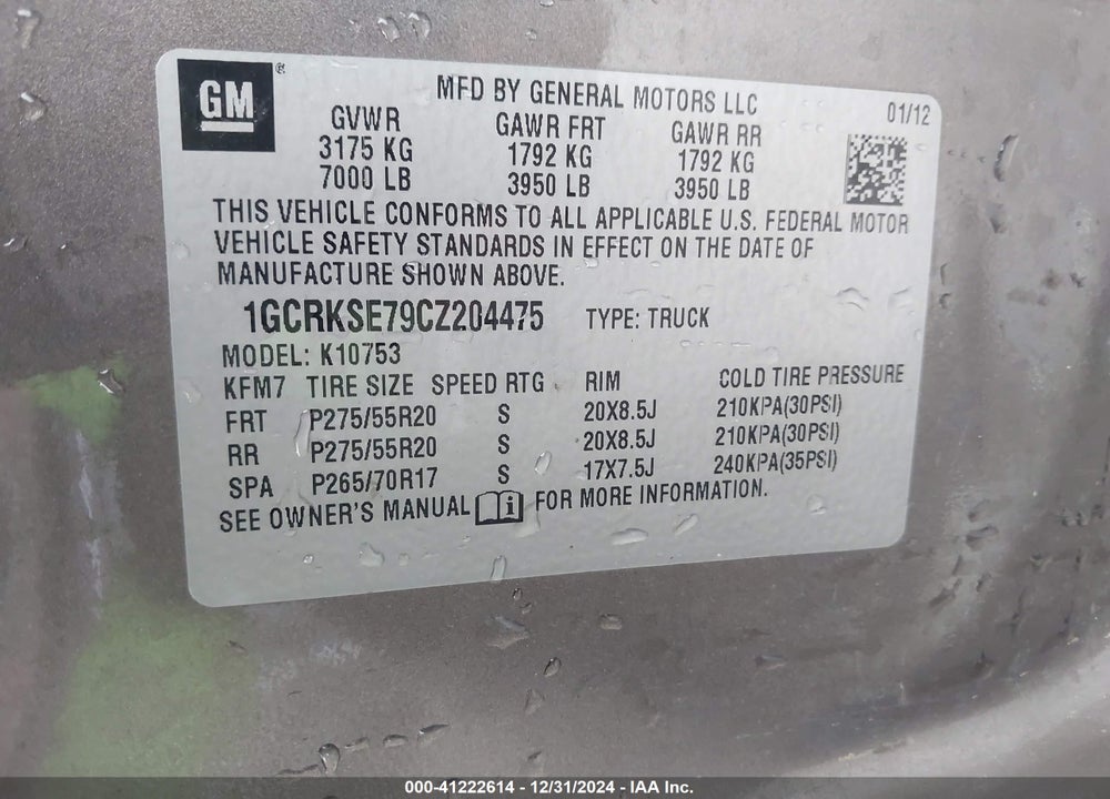 2012 CHEVROLET SILVERADO 1500 LT VIN: 1GCRKSE79CZ204475