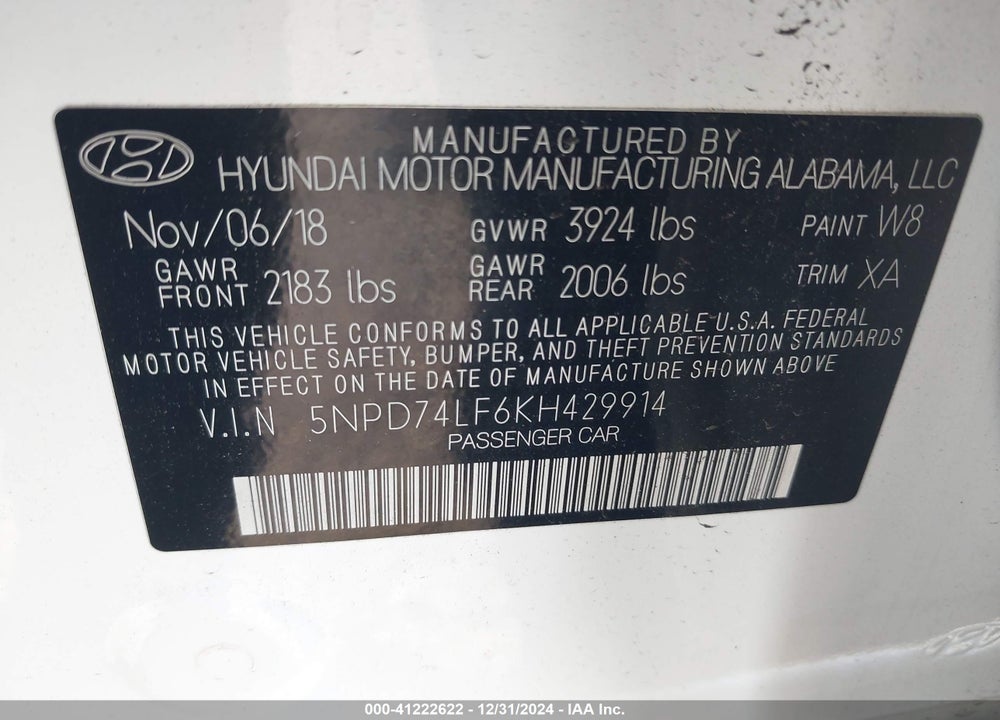 2019 HYUNDAI ELANTRA VIN: 5NPD74LF6KH429914