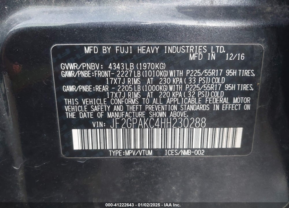 2017 SUBARU CROSSTREK 2.0I LIMITED VIN: JF2GPAKC4HH230288