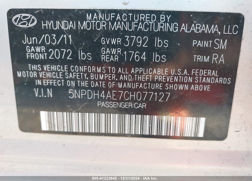 2012 HYUNDAI ELANTRA VIN: 5NPDH4AE7CH077127