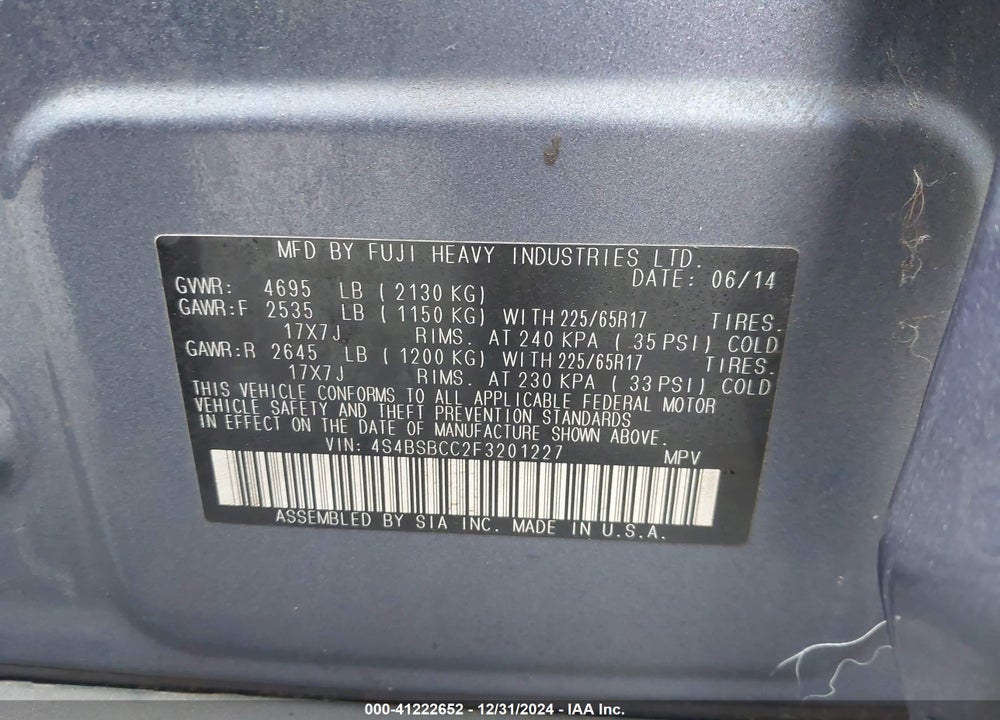 2015 SUBARU OUTBACK 2.5I PREMIUM VIN: 4S4BSBCC2F3201227