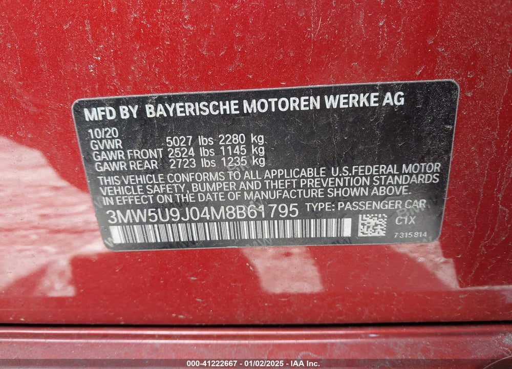 2021 BMW 3 SERIES M340I XDRIVE VIN: 3MW5U9J04M8B61795