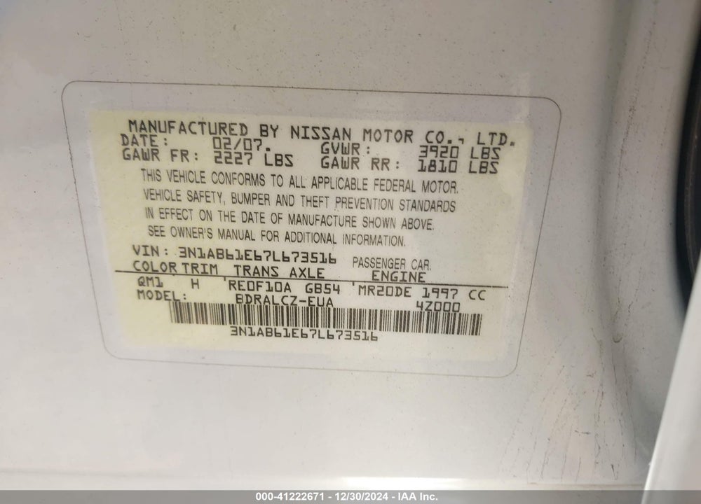 2007 NISSAN SENTRA 2.0 VIN: 3N1AB61E67L673516