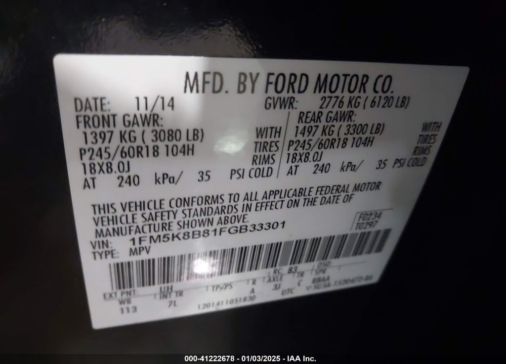 2015 FORD EXPLORER VIN: 1FM5K8B81FGB33301