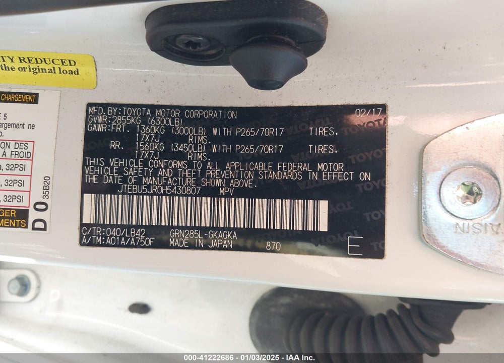 2017 TOYOTA 4RUNNER SR5 PREMIUM VIN: JTEBU5JR0H5430807