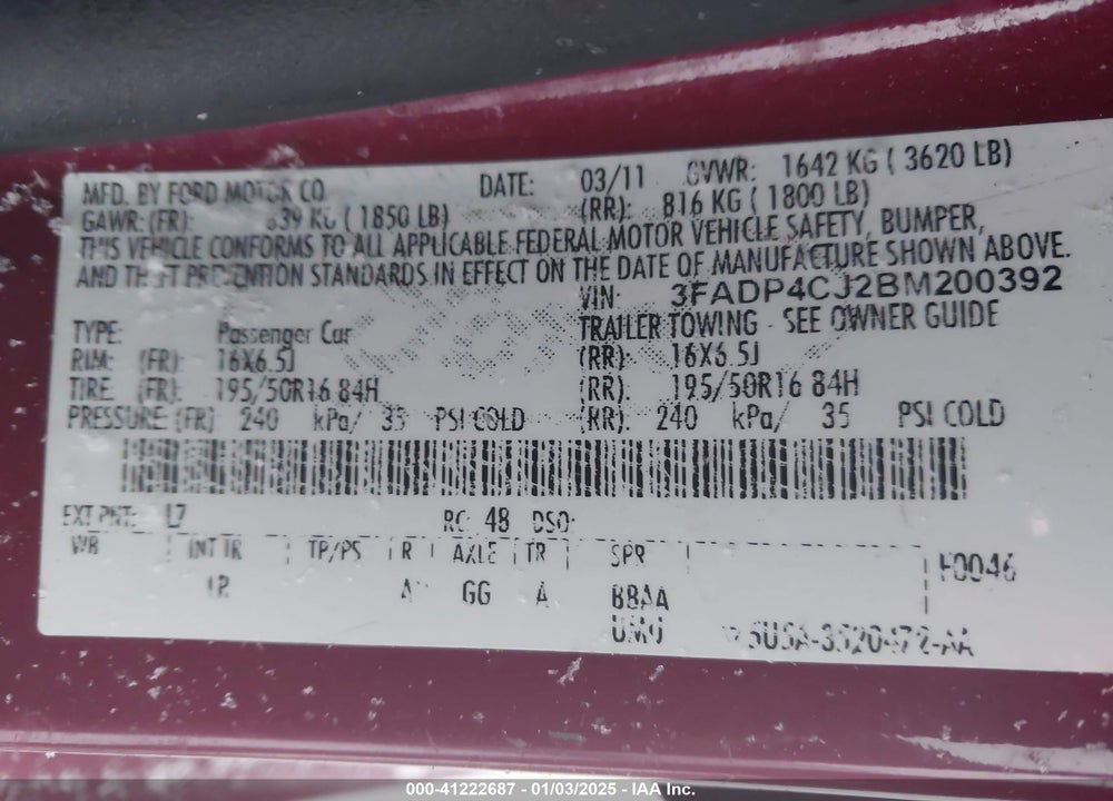 2011 FORD FIESTA SEL VIN: 3FADP4CJ2BM200392