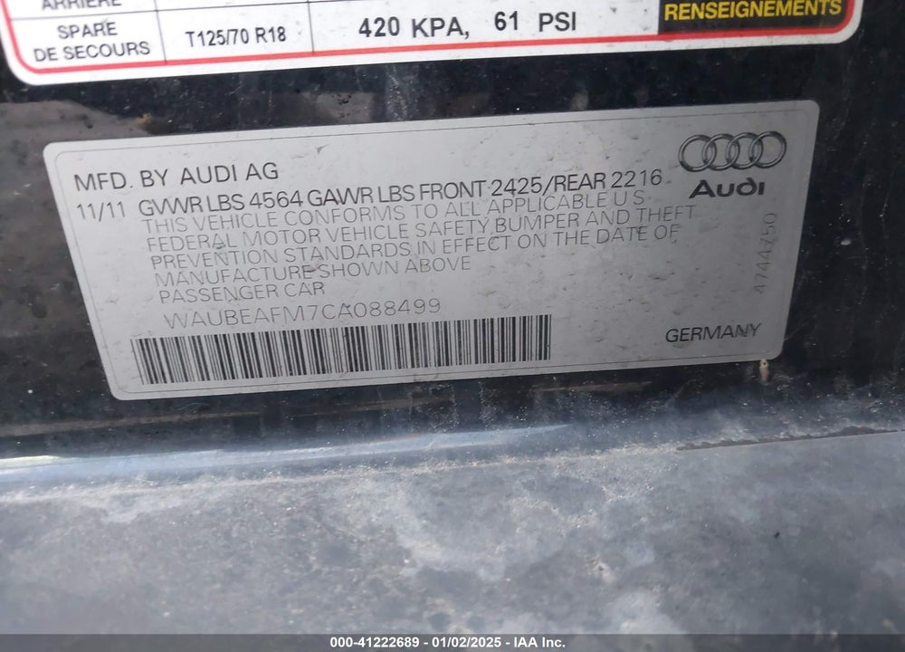 2012 AUDI A3 2.0T PREMIUM VIN: WAUBEAFM7CA088499