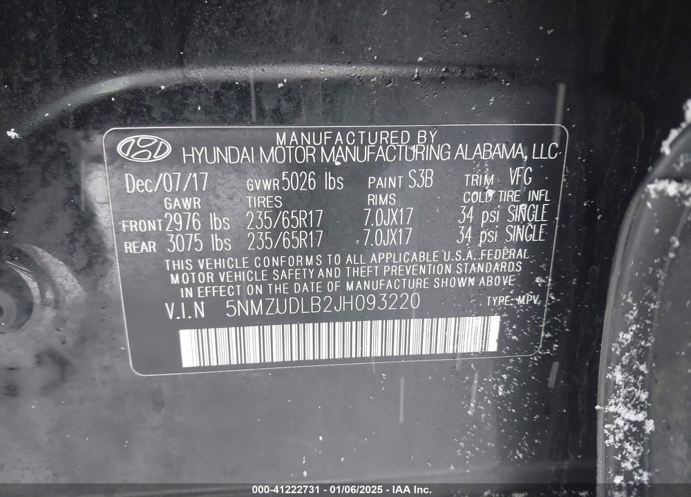 2018 HYUNDAI SANTA FE SPORT VIN: 5NMZUDLB2JH093220
