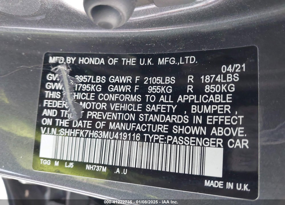 2021 HONDA CIVIC EX VIN: SHHFK7H63MU419116