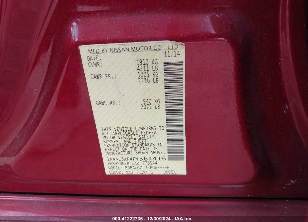2015 NISSAN ALTIMA VIN: 1N4AL3AP4FN364416