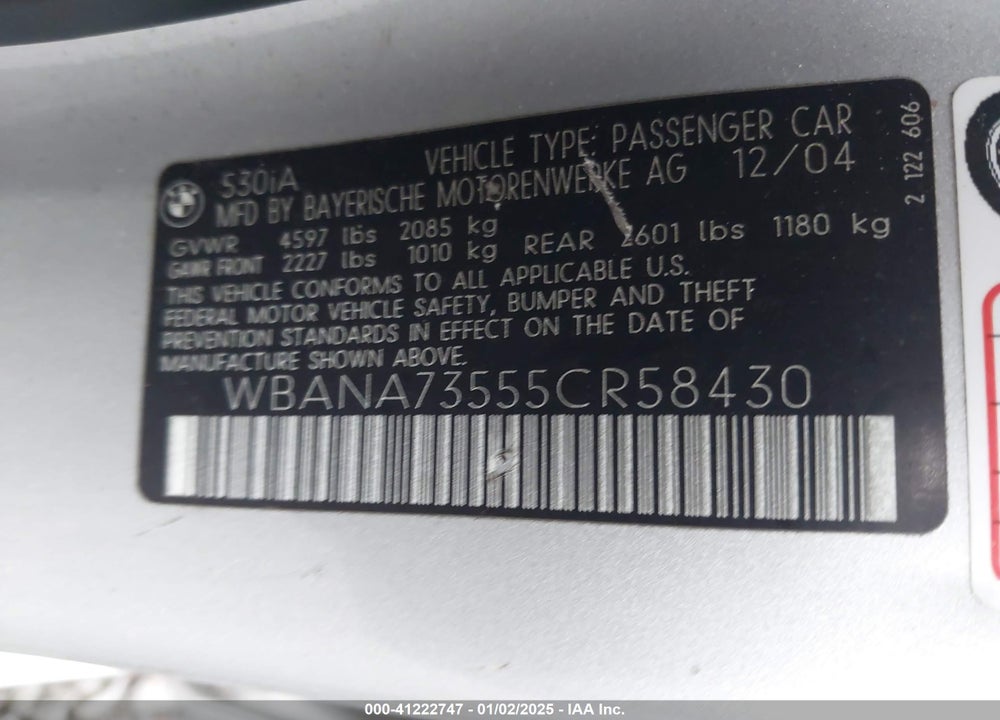 2005 BMW 530I VIN: WBANA73555CR58430
