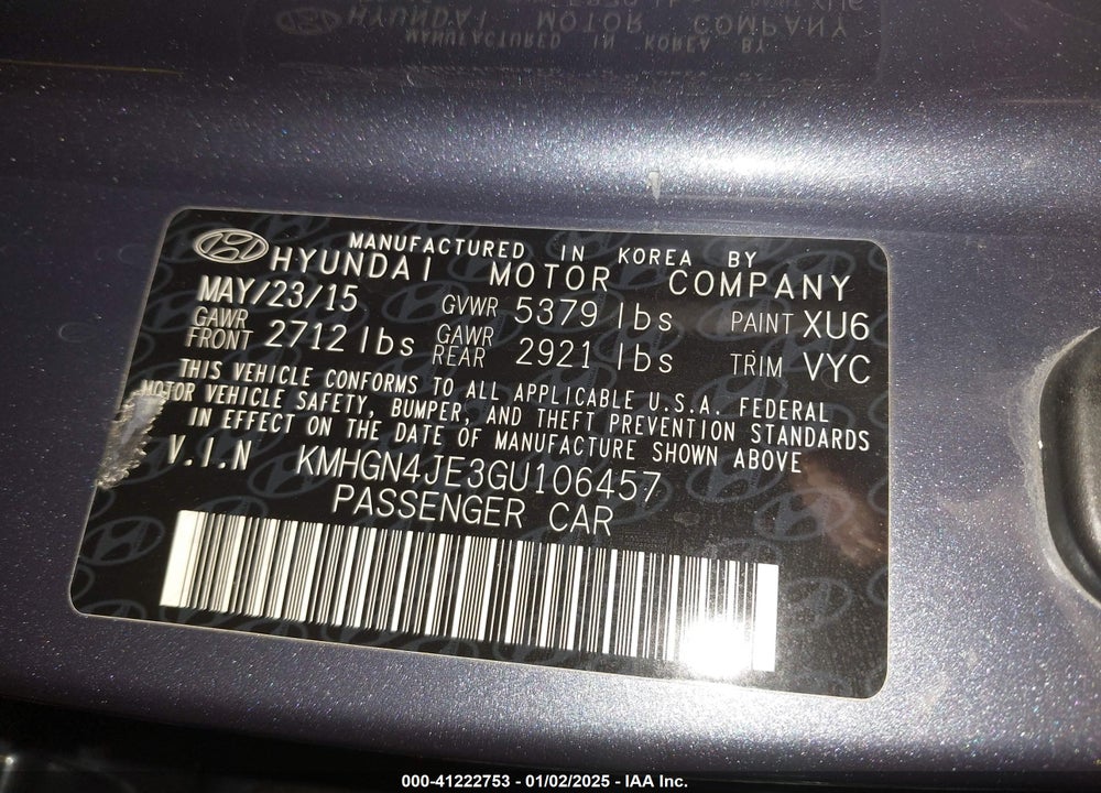 2016 HYUNDAI GENESIS 3.8 VIN: KMHGN4JE3GU106457