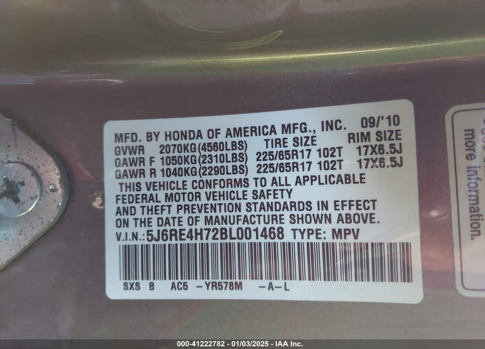 2011 HONDA CR-V EX-L VIN: 5J6RE4H72BL001468