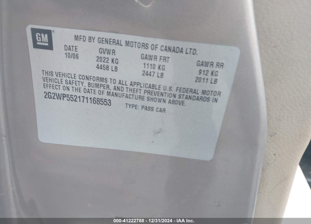 2007 PONTIAC GRAND PRIX VIN: 2G2WP552171168553