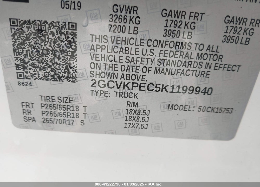 2019 CHEVROLET SILVERADO LD VIN: 2GCVKPEC5K1199940