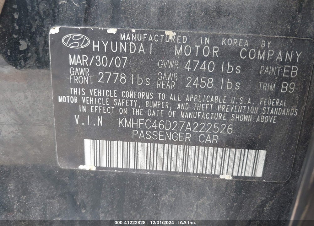 2007 HYUNDAI AZERA VIN: KMHFC46D27A222526