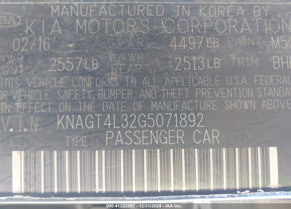 2016 KIA OPTIMA LX VIN: KNAGT4L32G5071892