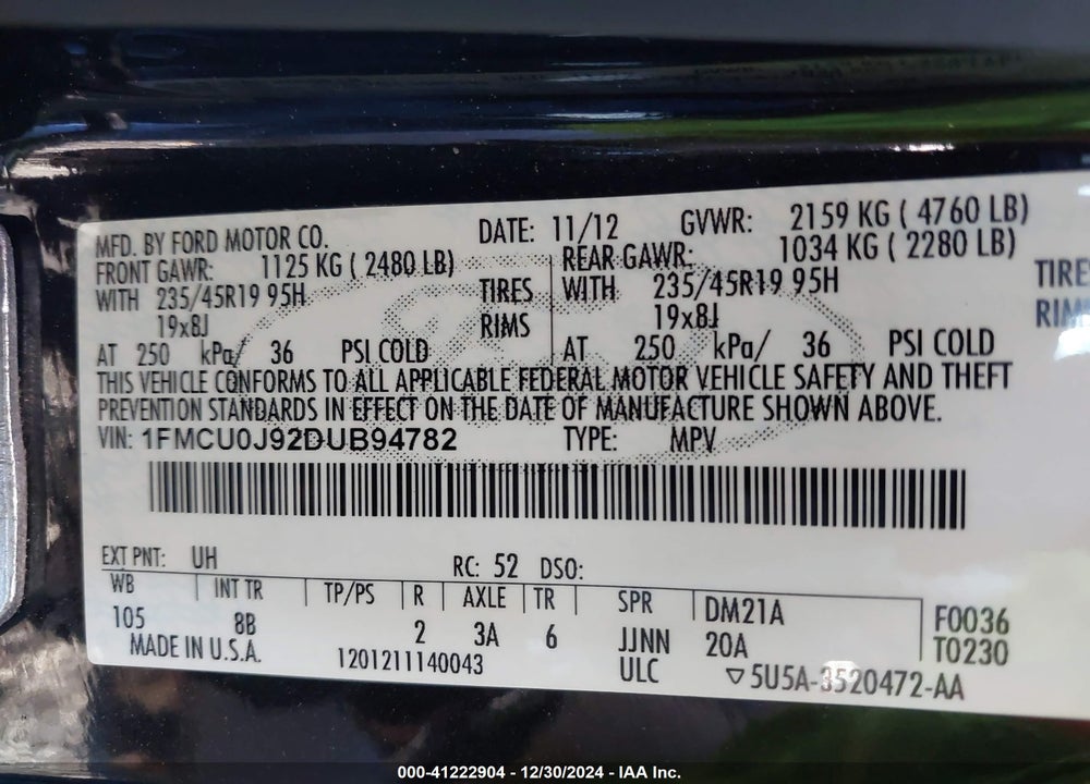 2013 FORD ESCAPE TITANIUM VIN: 1FMCU0J92DUB94782