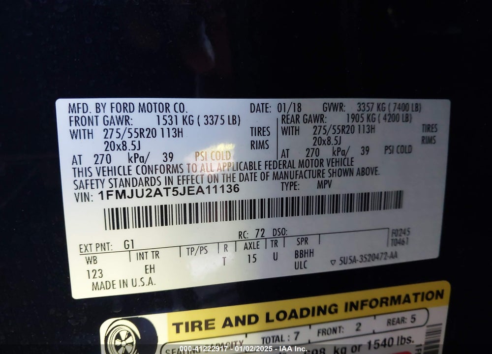 2018 FORD EXPEDITION LIMITED VIN: 1FMJU2AT5JEA11136