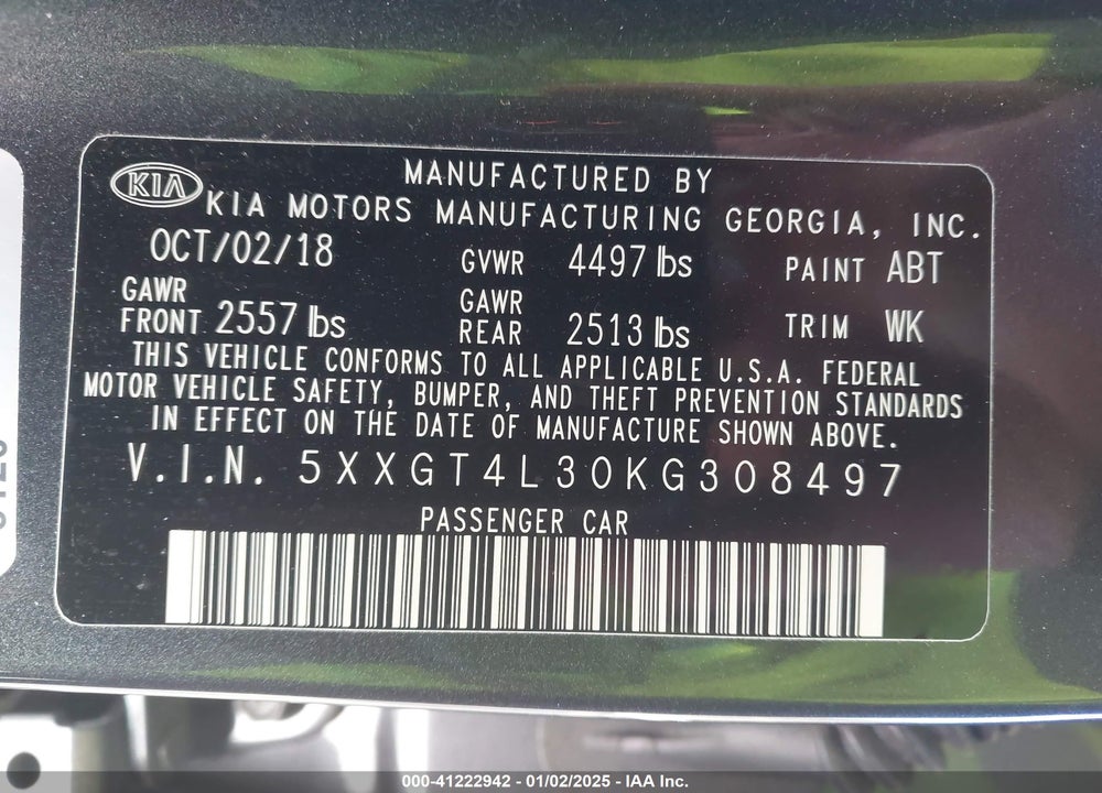 2019 KIA OPTIMA VIN: 5XXGT4L30KG308497