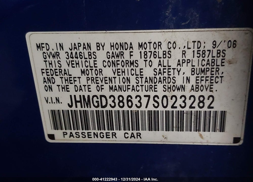 2007 HONDA FIT VIN: JHMGD38637S023282